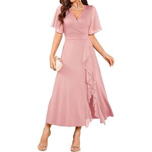 Zaful Womens Light-pink V Neck Flared Sleeve Split Semi Formal Modest Gowns